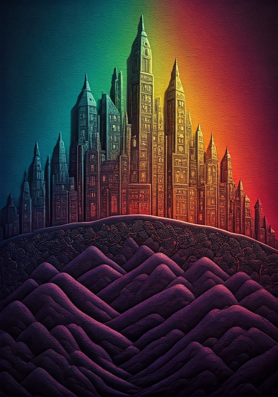 Rainbow Metropolis on a Hill in Paper Tole Style