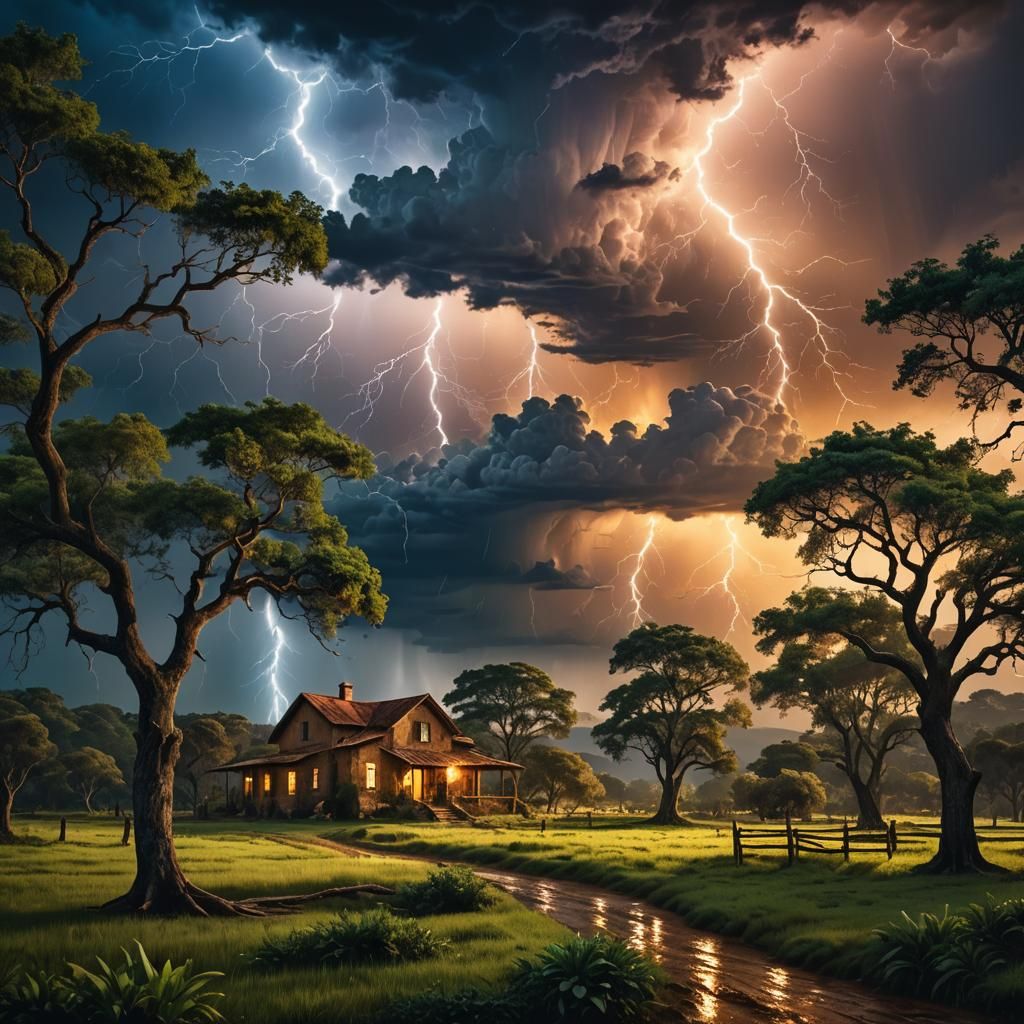 Majestic Farmhouse Amidst Stormy Fantasy Landscape