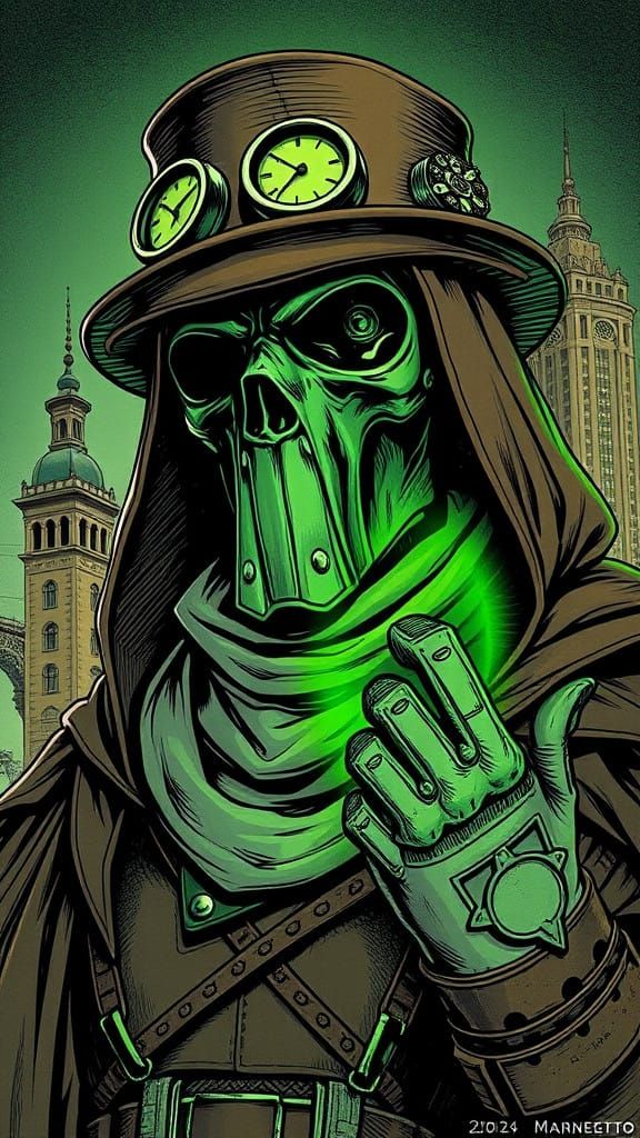 Steampunk Doctor Doom Amidst Urban Decay