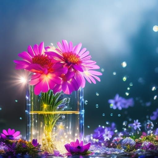 Luminous Flowers in Glass Bottle: Digital Matte Painting