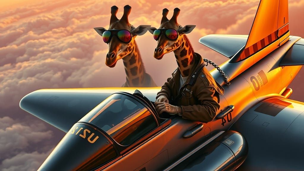 Epic Fighter Pilot Giraffe Flies at Sunset