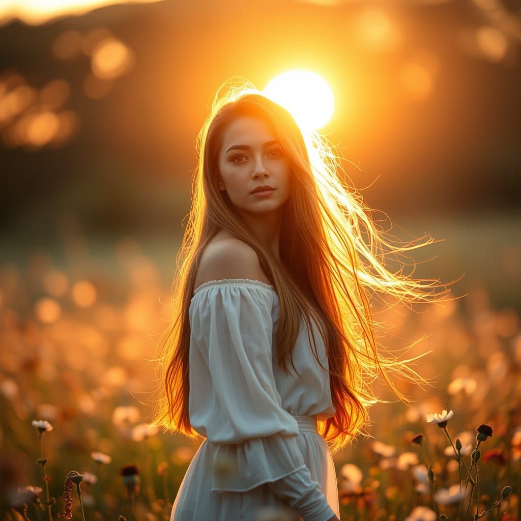 Woman in Wildflower Field at Sunset: Dreamy Photography