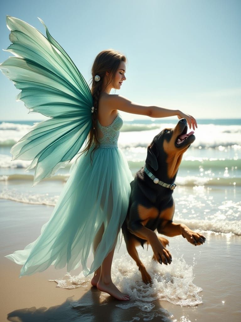 Fairy and Rottweiler on Shoreline in Hyperrealistic Style