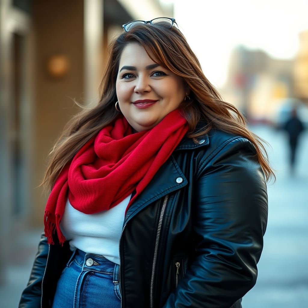 Confident Plus-Size Woman Poses in Leather Jacket Portrait