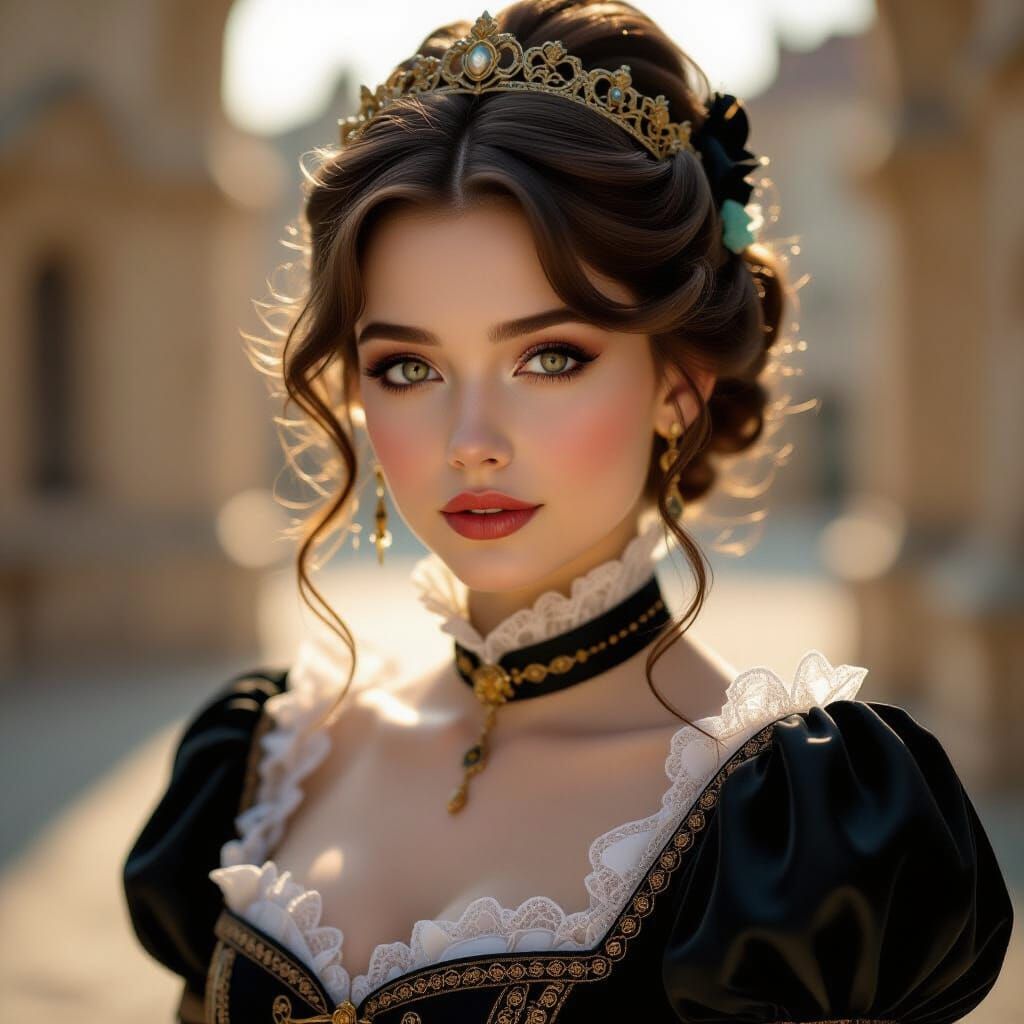 Stunning Young Woman in Period Costume with Golden Hour Glow