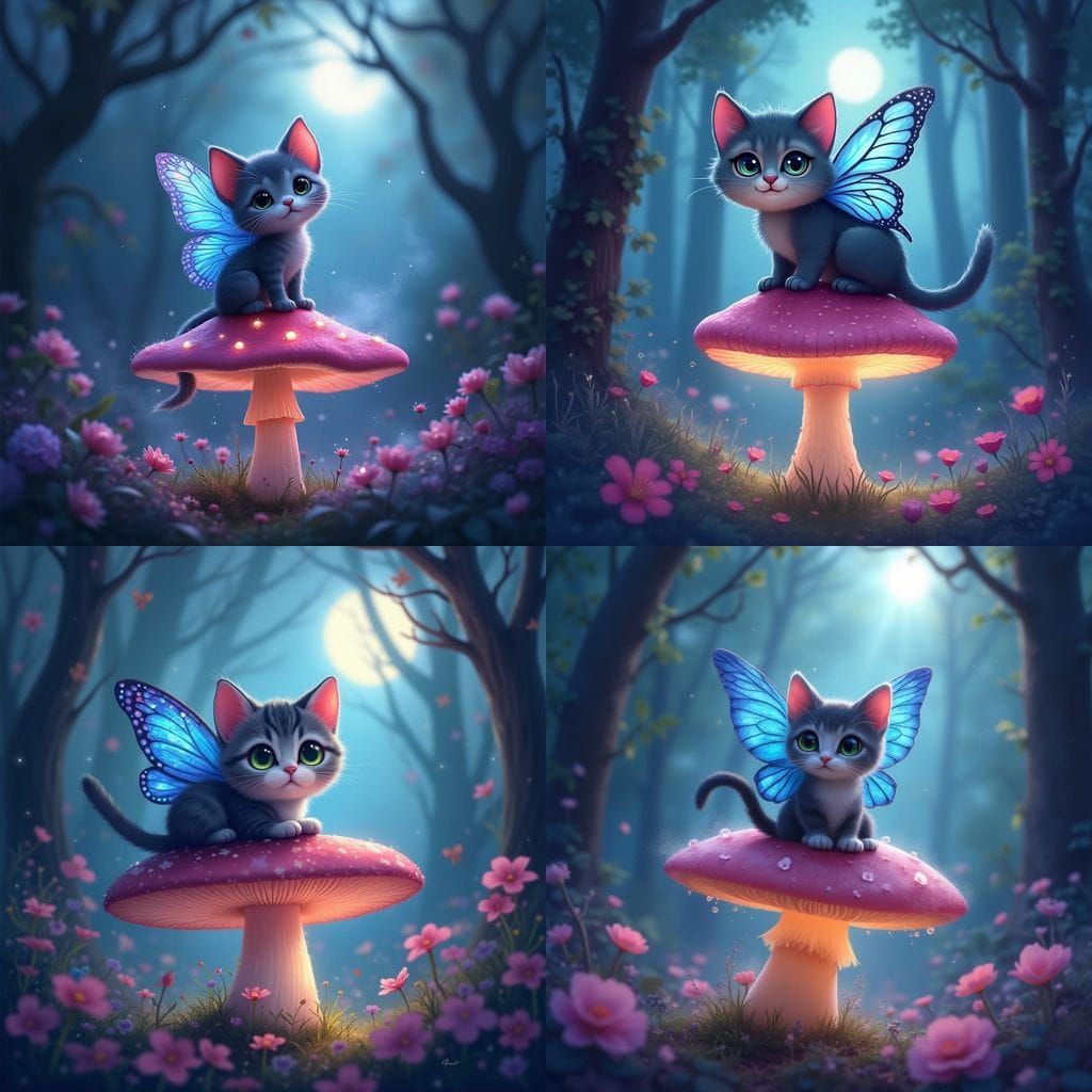 Winged Tabby Cat on Mushroom in Mystical Forest