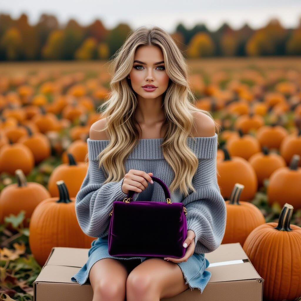 Woman in Autumn Pumpkin Patch, Fashion Photography Style