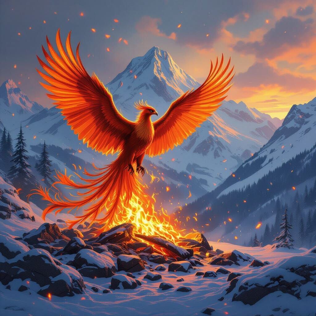 Phoenix Rising Beside Winter Mountain: Epic Fantasy Art