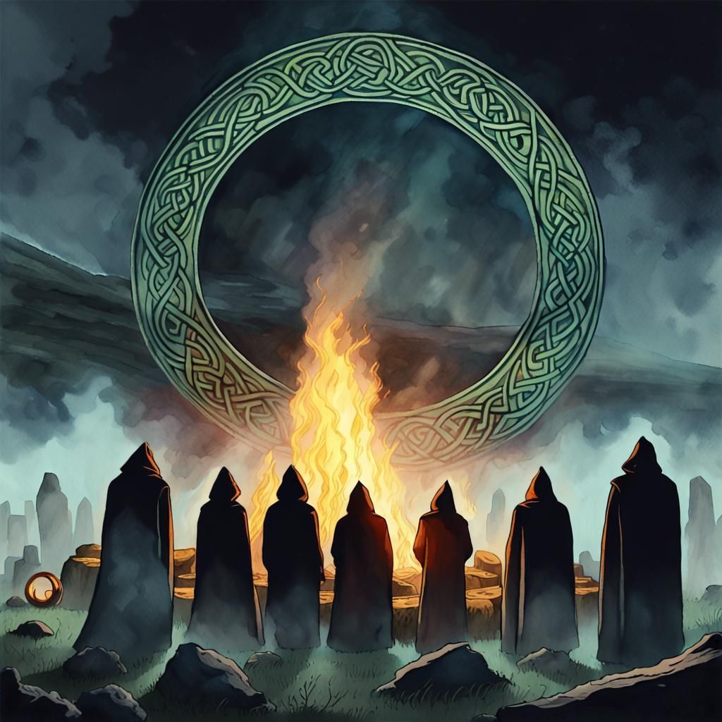 Druids Gather at Samhain Bonfire: Watercolour Chiaroscuro