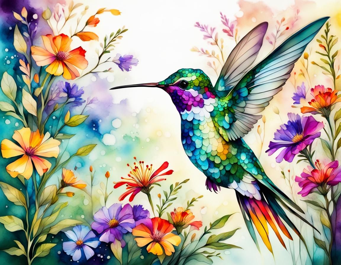 Hummingbird in Wildflower Forest, Alcohol Ink Style