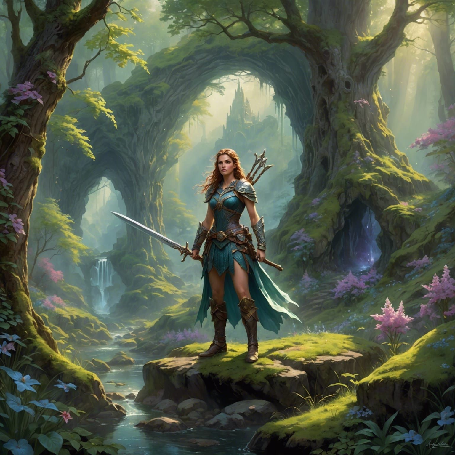 Fae Warrior in Spring Forest, Ethereal Fantasy