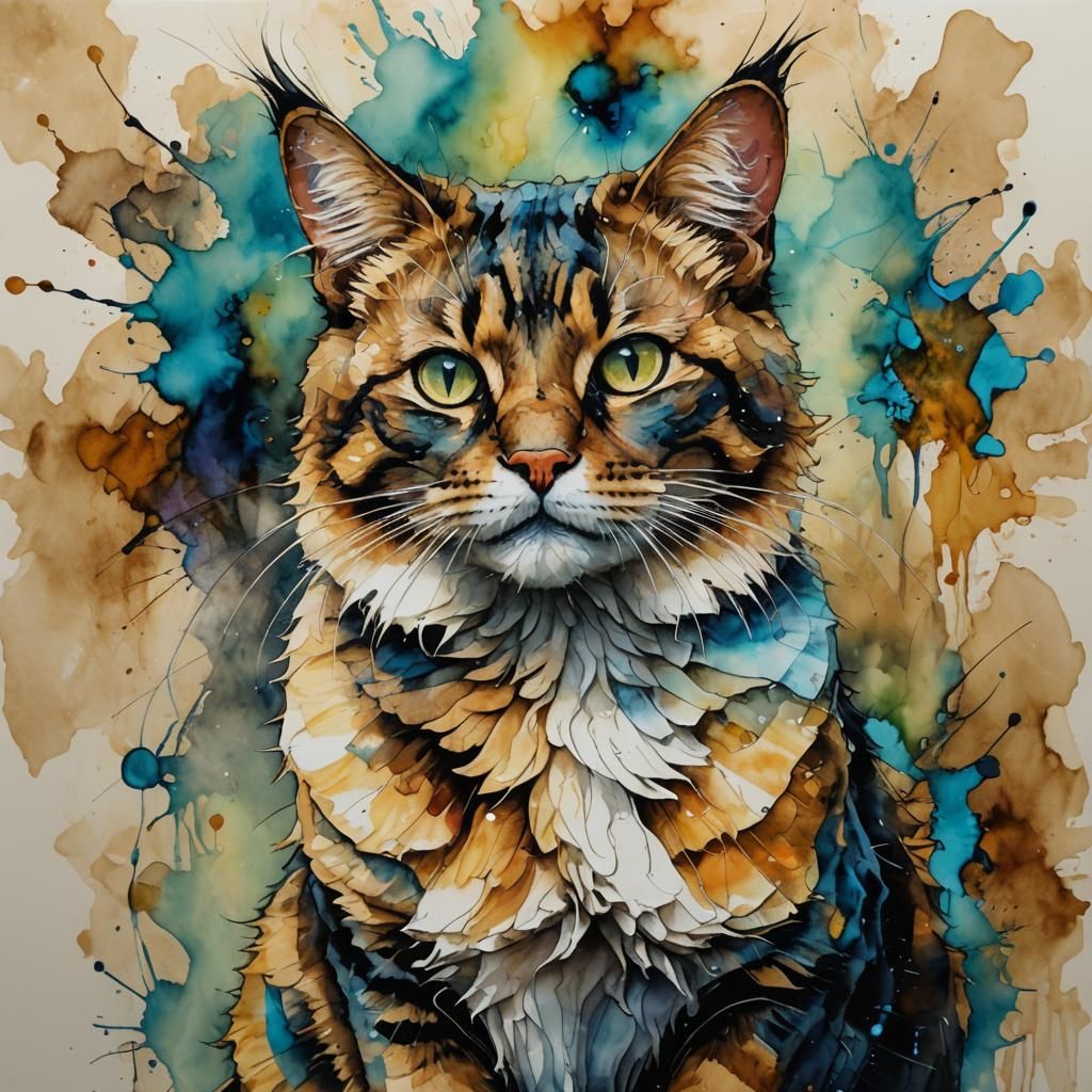 Anthropomorphic Cat in Madagascar, Alcohol Ink Style