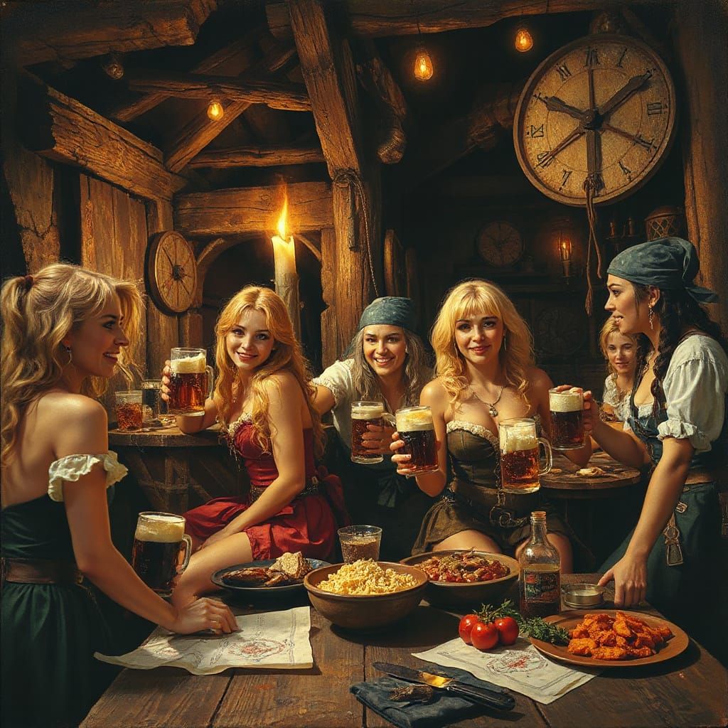 Blonde Female Pirates Reveling in a Medieval Tavern