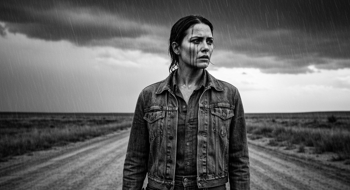 Pensive Woman in Worn Denim on Desolate Prairie