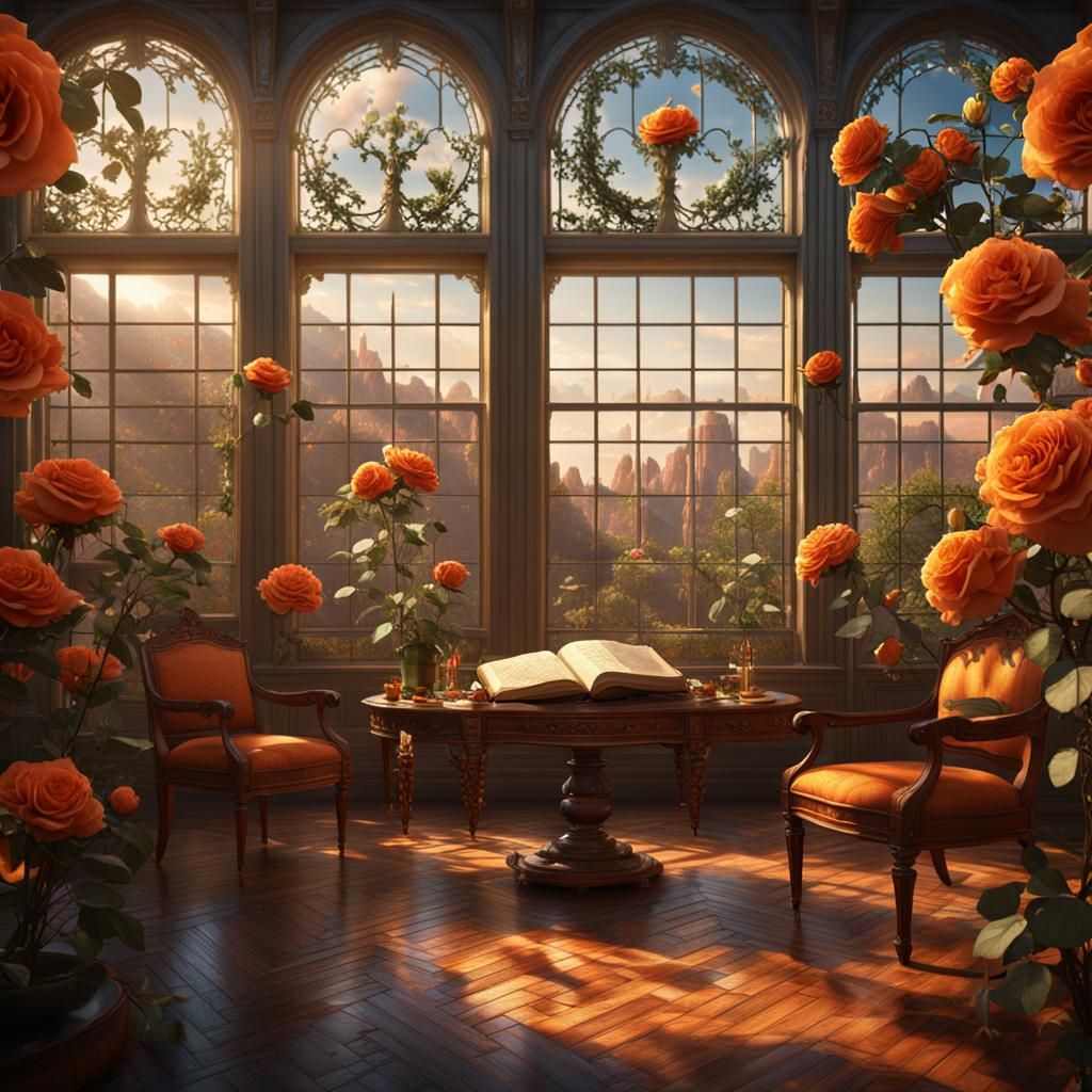 Library Room Overlooking Orange Rose Garden