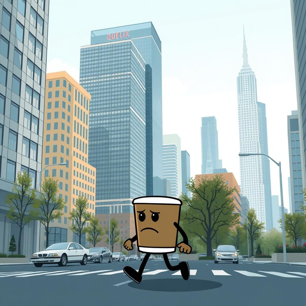Sad Coffee Cup Wanders a Modern City