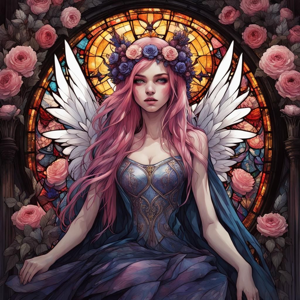 Gothic Faery Girl with Angel Wings in Stained Glass