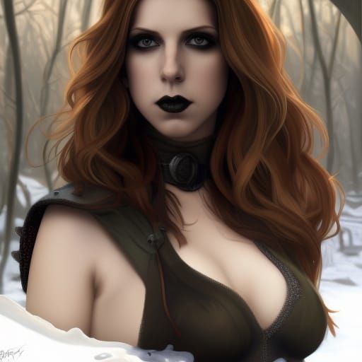 Gothic Witch in Snowy Woods: Digital Art Portrait