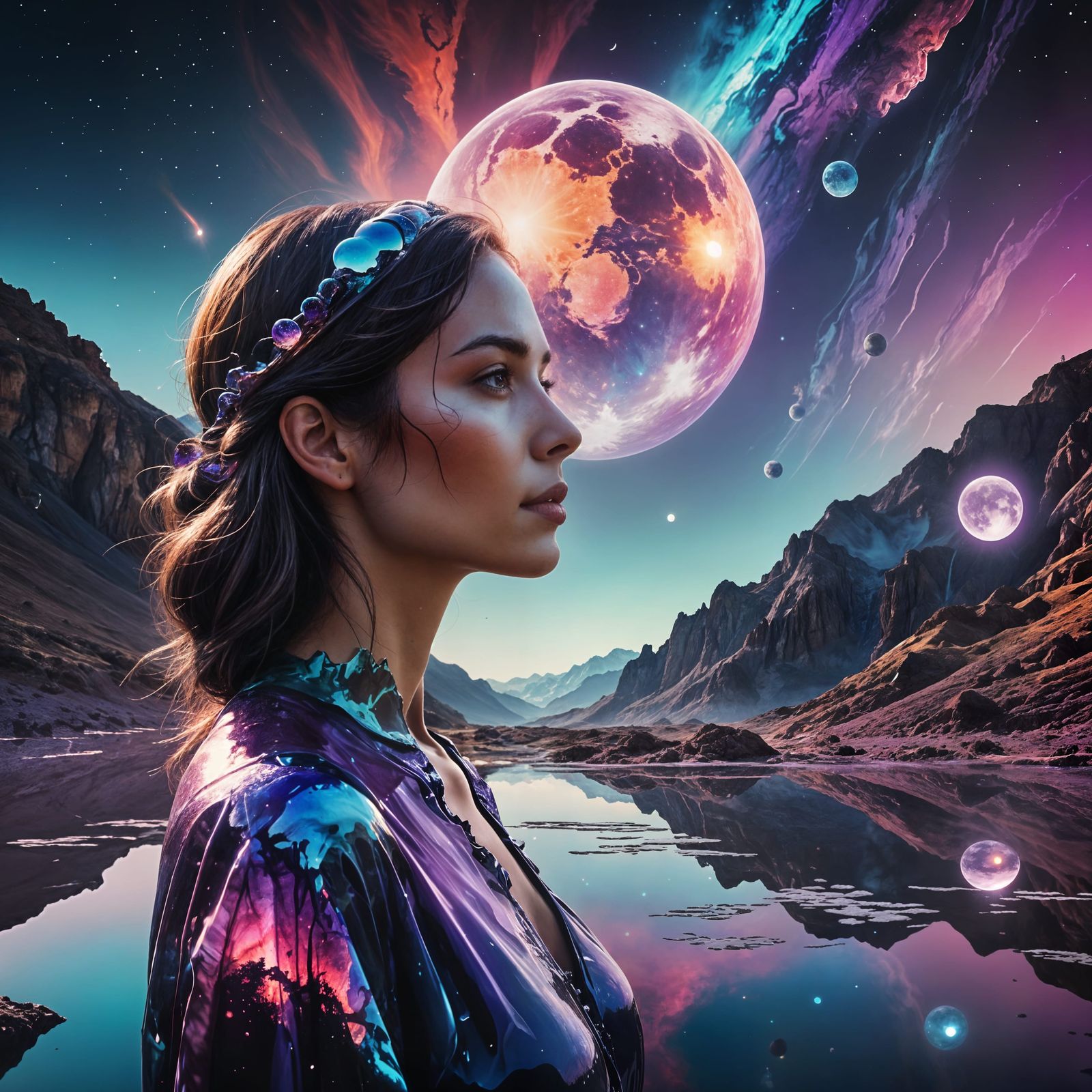 Double exposure. Side profile portrait of a beautiful woman....