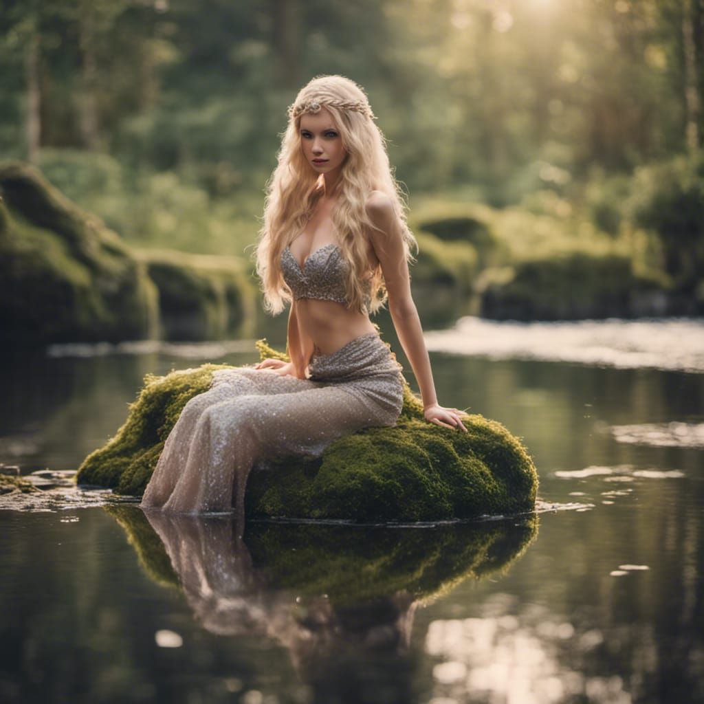 Fair-Haired Mermaid in Forest Lake: Professional Photography