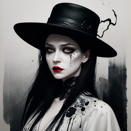 Gothic Ink Portrait of a Pale Woman in Black Hat