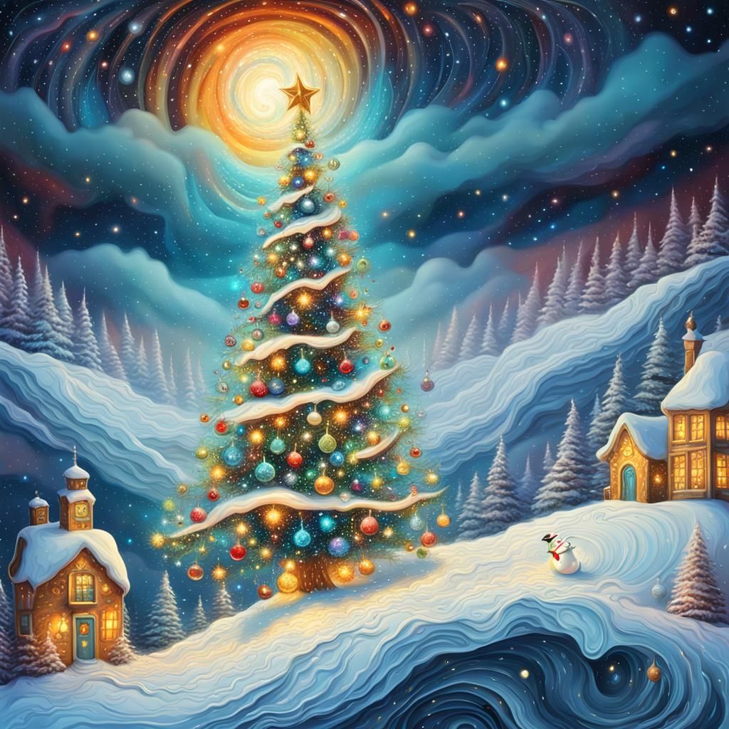 Magical Christmas Tree with Snowman in Surreal Style