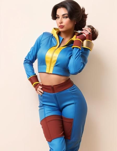 An illustration of a woman wearing a Vault-Tec jumpsuit
