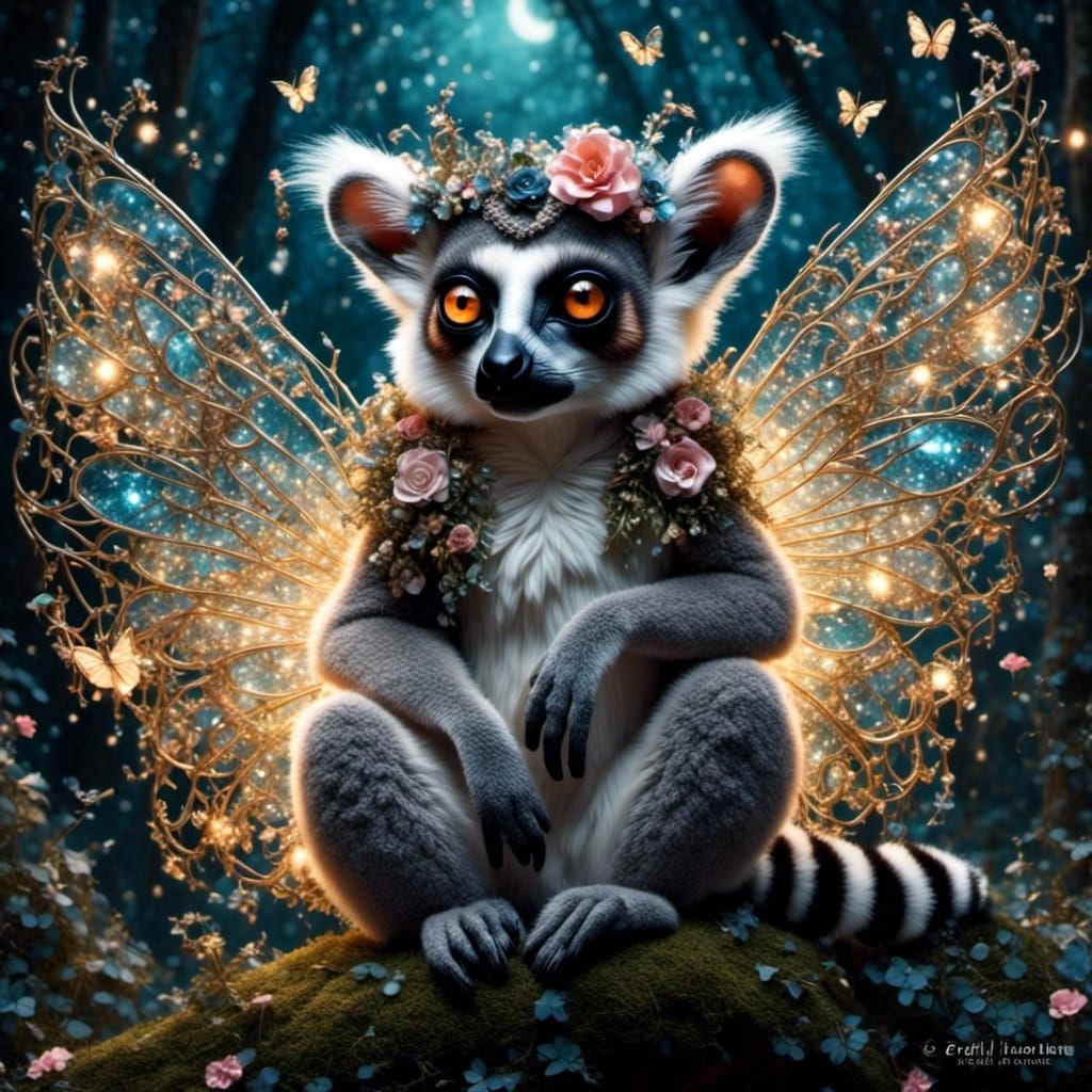 Lemur with Fairy Wings in Enchanted Forest