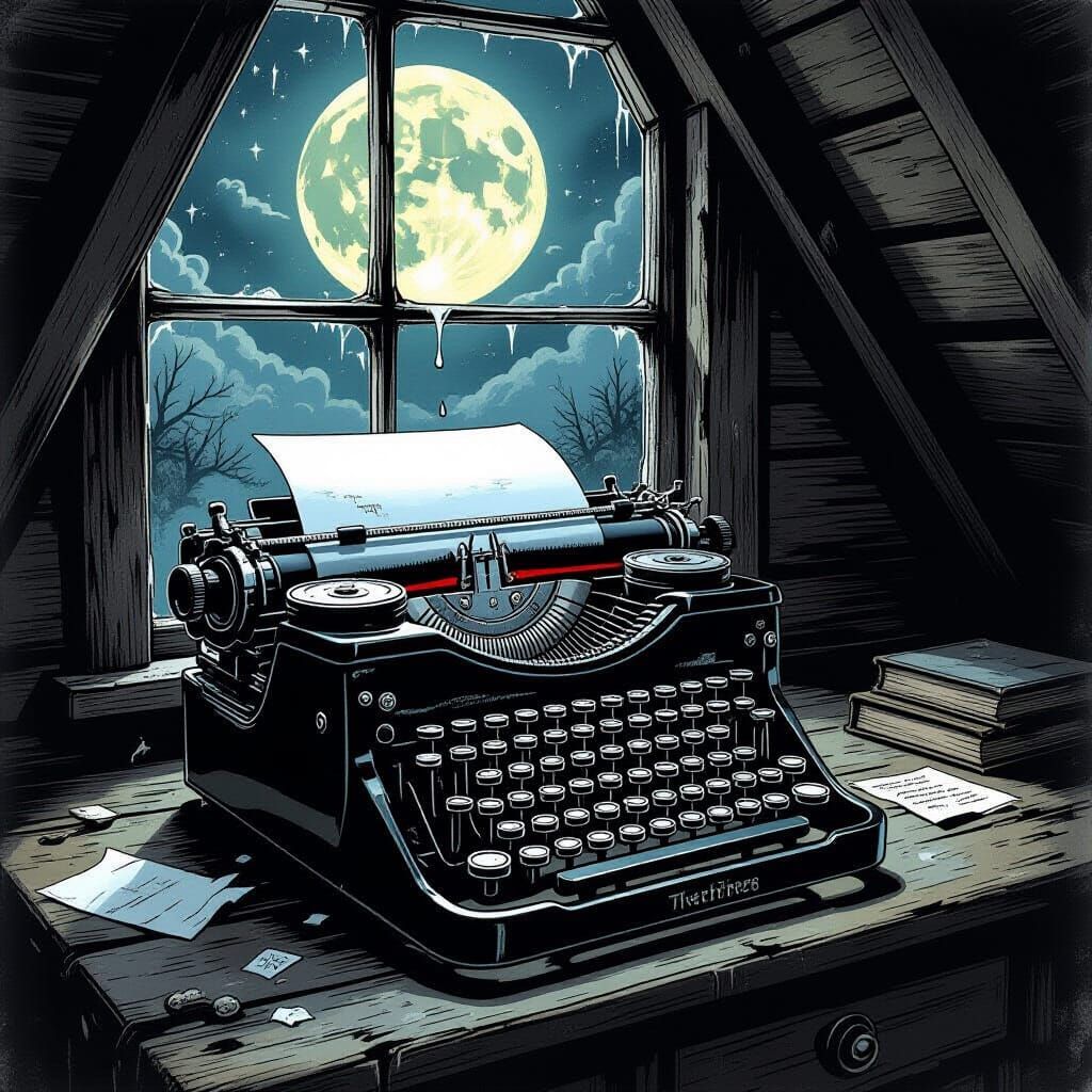 Melancholy Typewriter Face in Dusty Attic