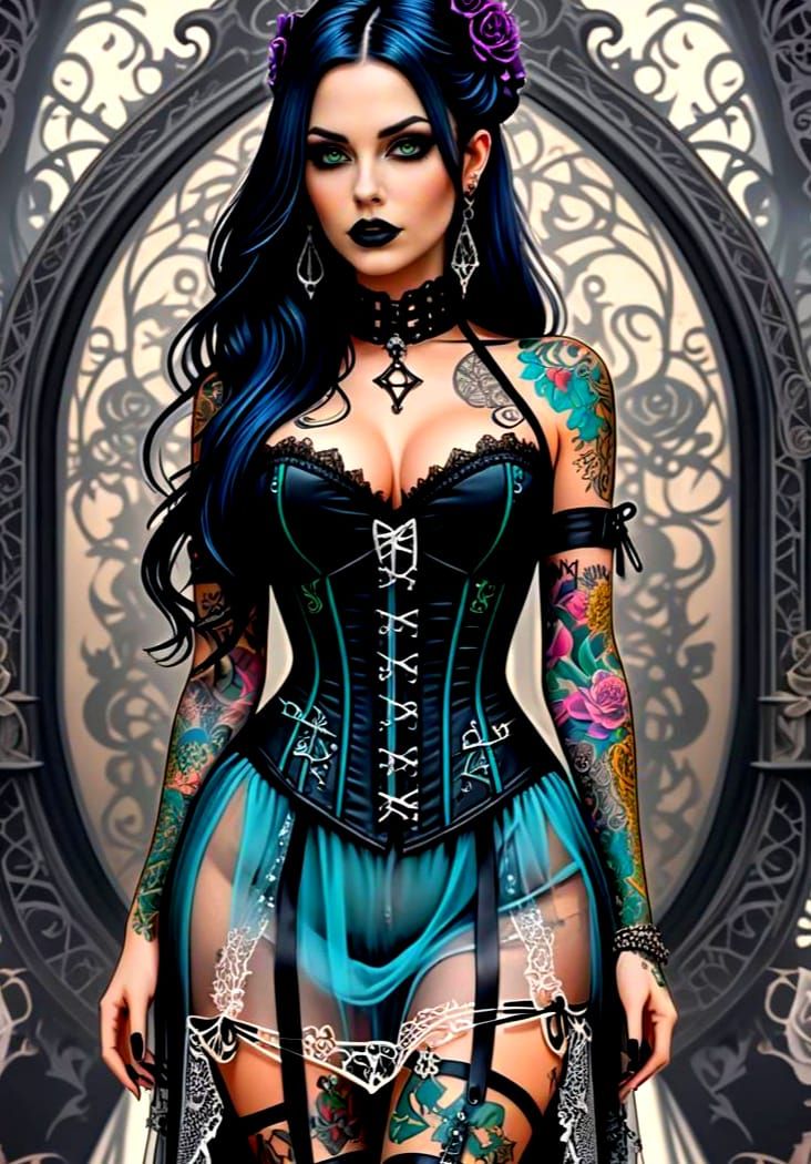 Gothic Woman with Pastel Tattoos in Digital Illustration