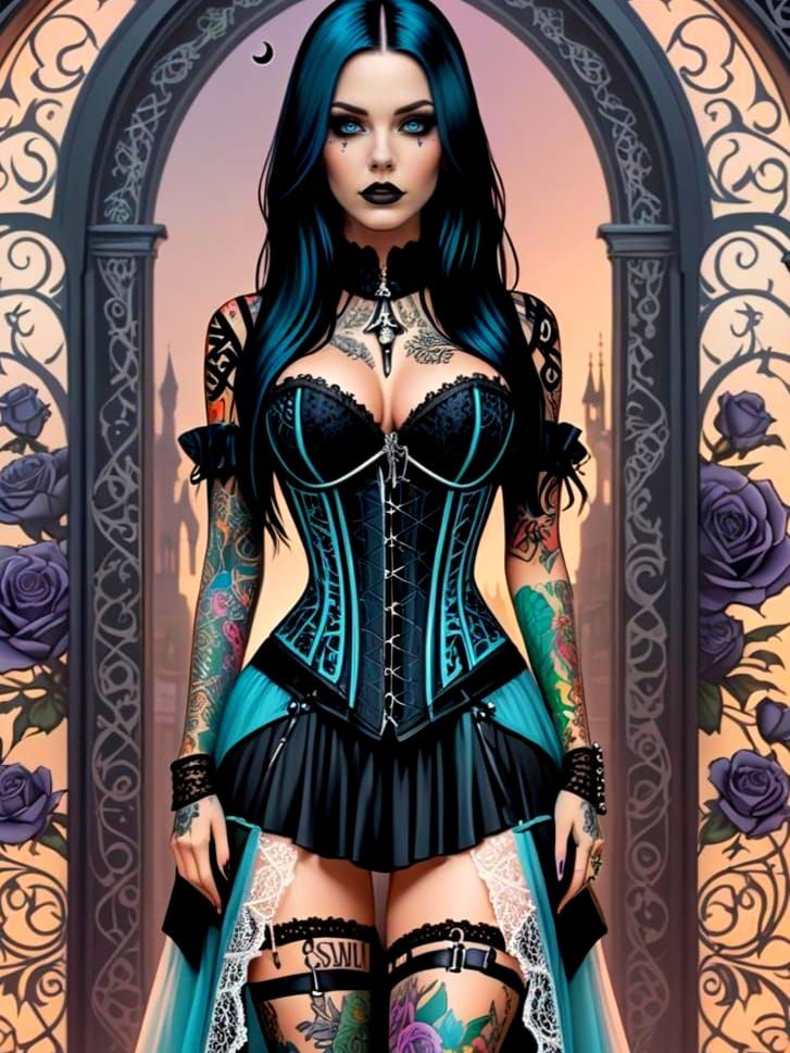 Gothic Woman with Tattoos in Digital Illustration