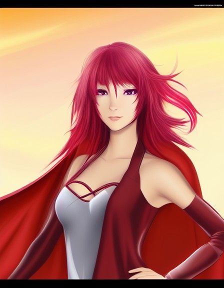 Scarlet-Haired Woman with Amber Eyes in Anime Style