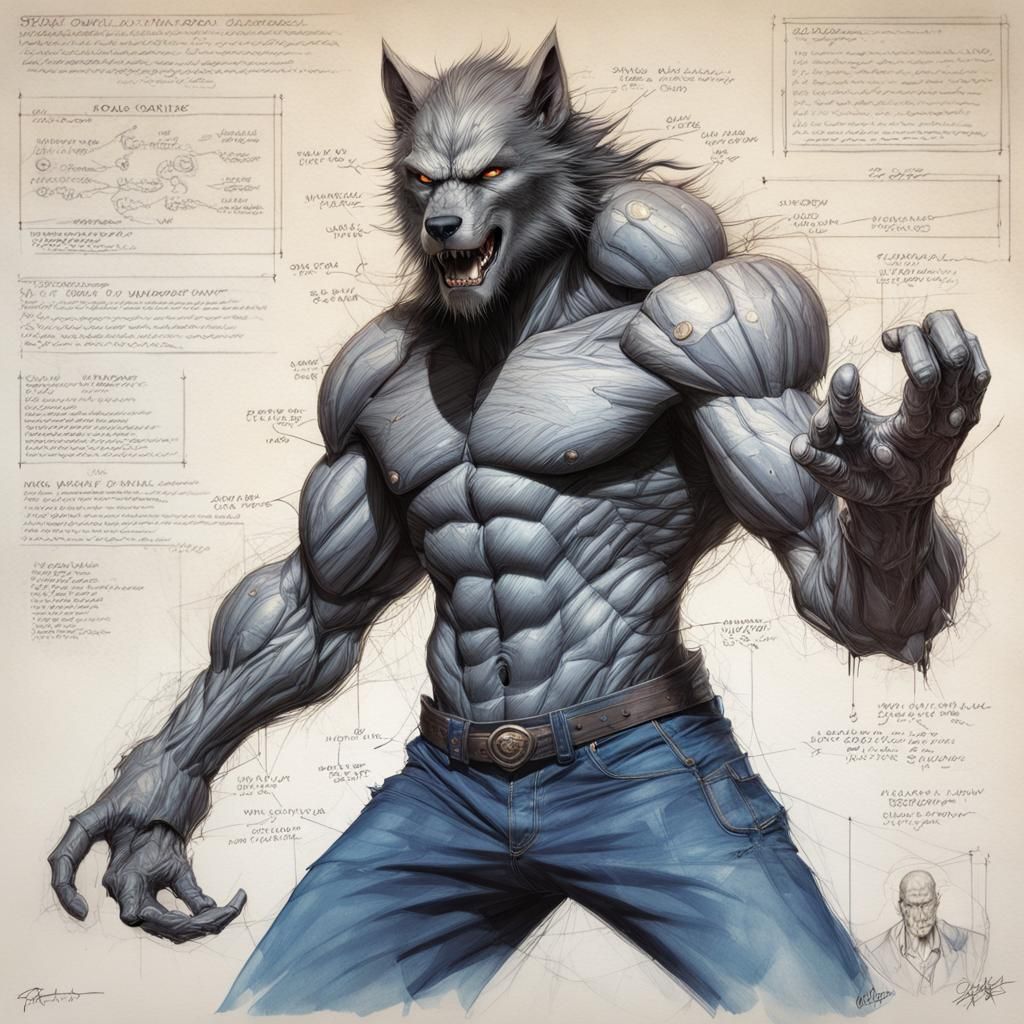 Detailed Werewolf Anatomy Blueprint in Graphic Novel Style