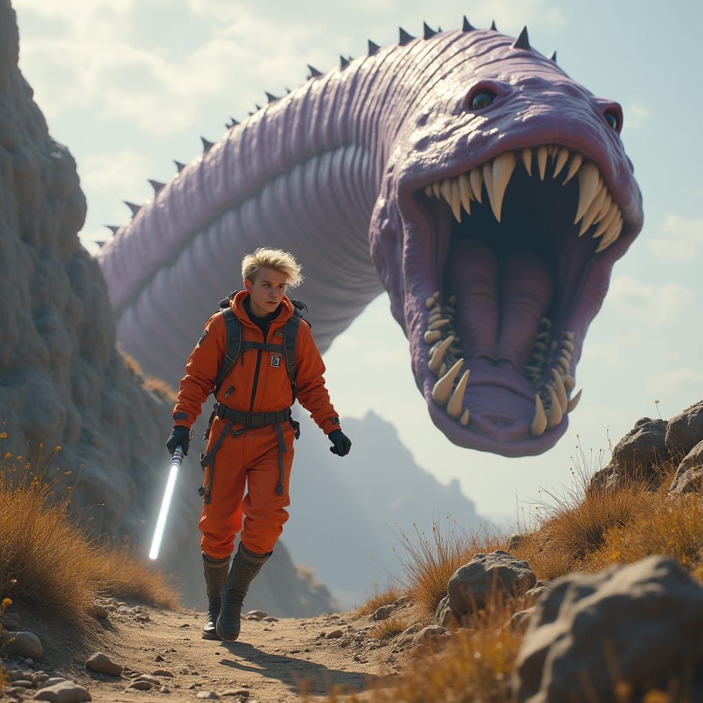 Young Man Fleeing Worm with Lightsaber in Hyperreal Style