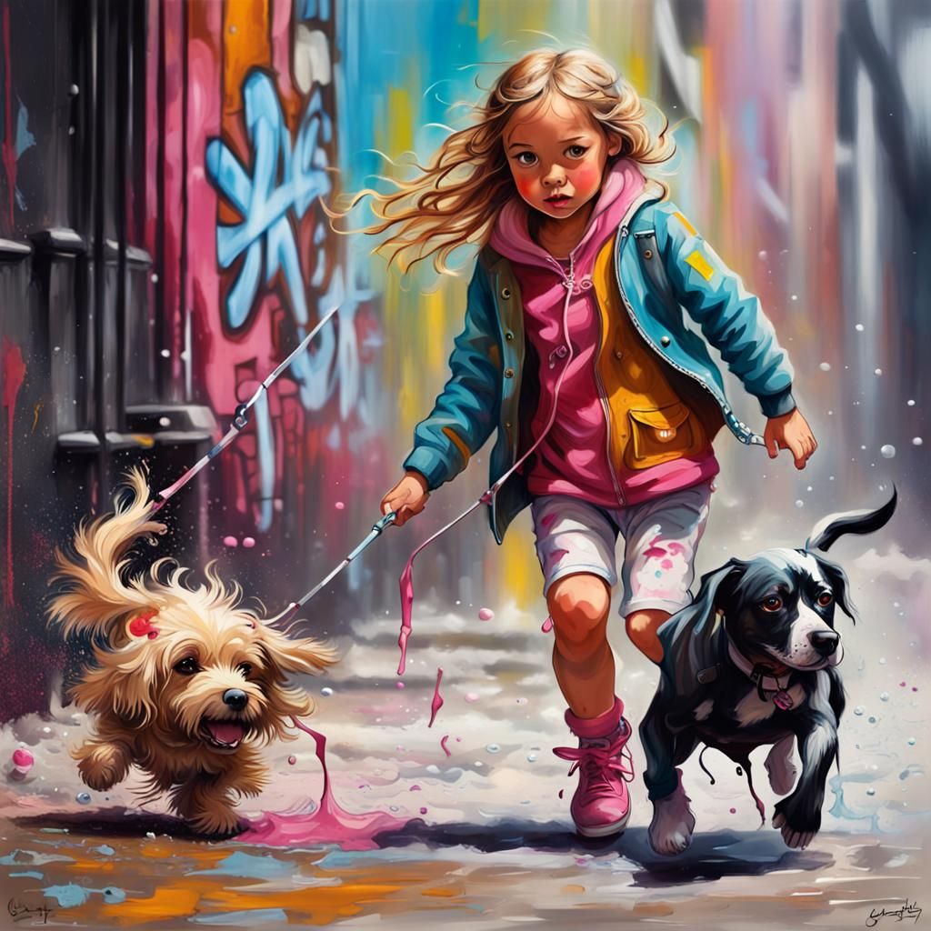 A little girl chasing her dog, who has her doll.