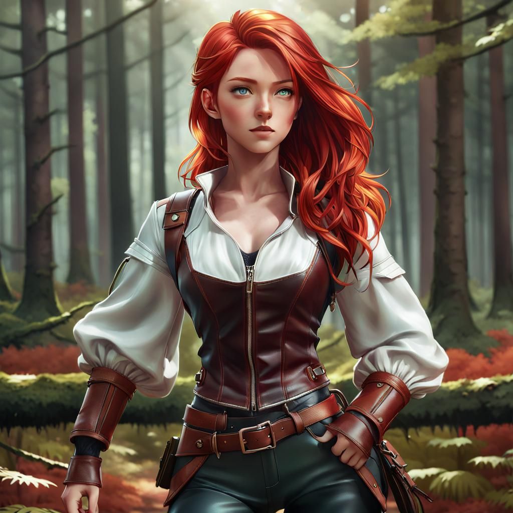 Red-Haired Woman in Forest: 3D Anime Art