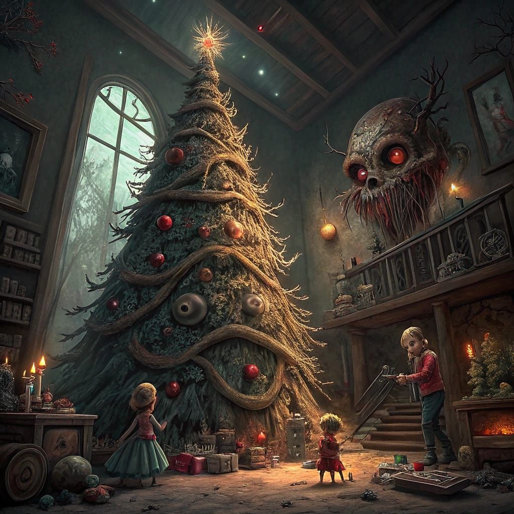 A Dark, Twisted Christmas Scene in Cyberpunk Style