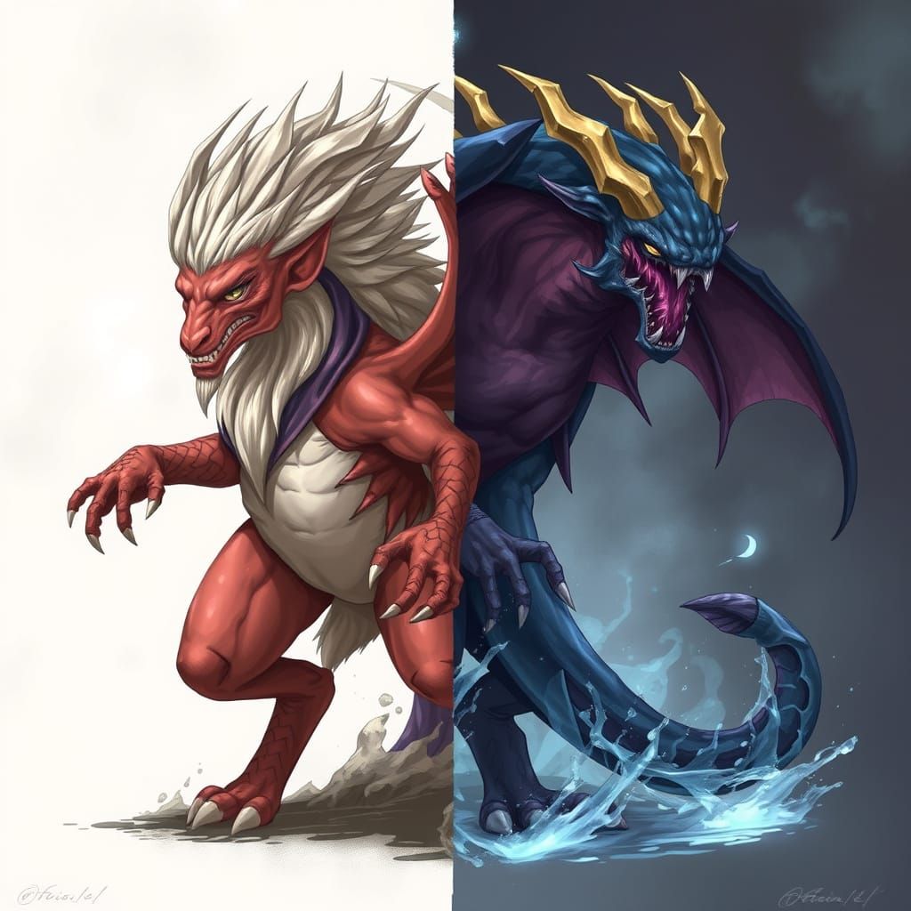 Dual Nature: Fantasy Creature in Peaceful and Fierce Forms
