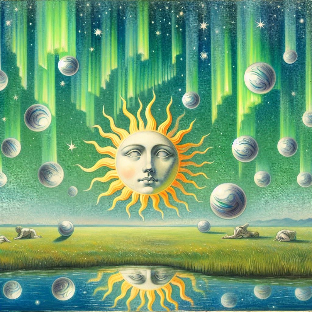 Upside-Down Sun Portrait in Surreal Gouache Style