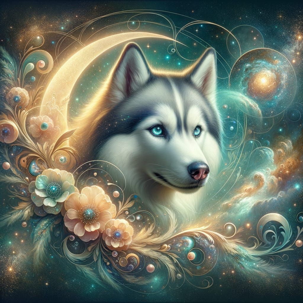 Majestic Husky in Celestial Garden Painting