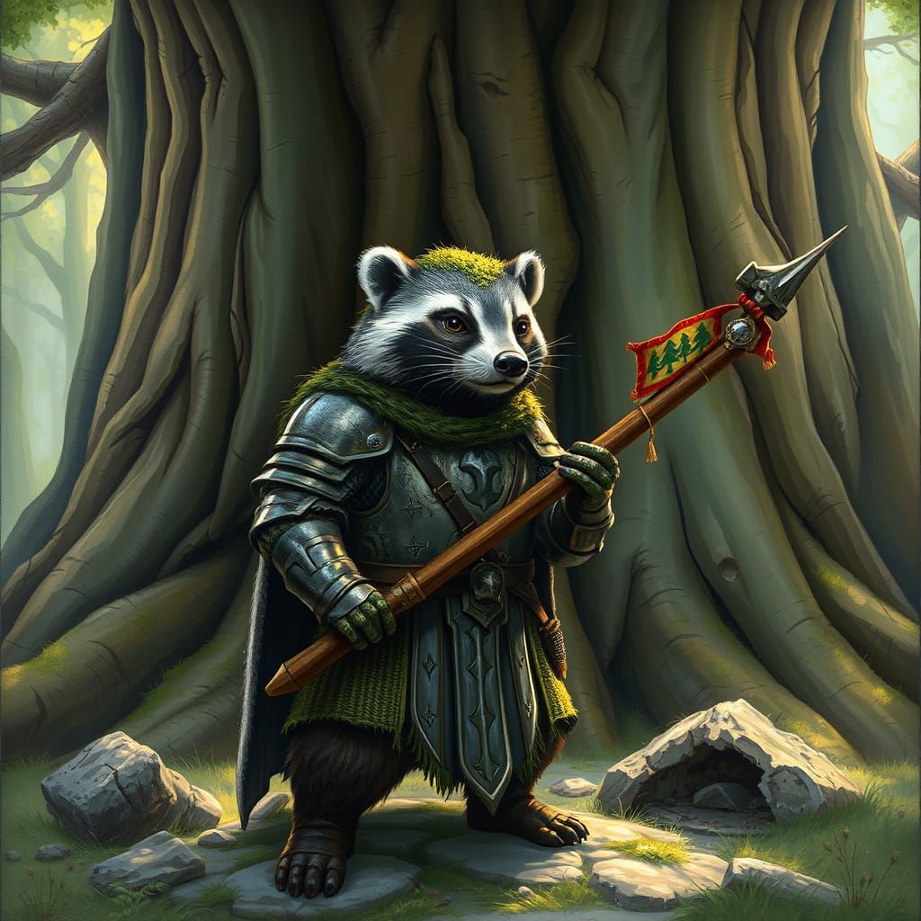Badger Knight Guarding Ancient Oak, Whimsical Style