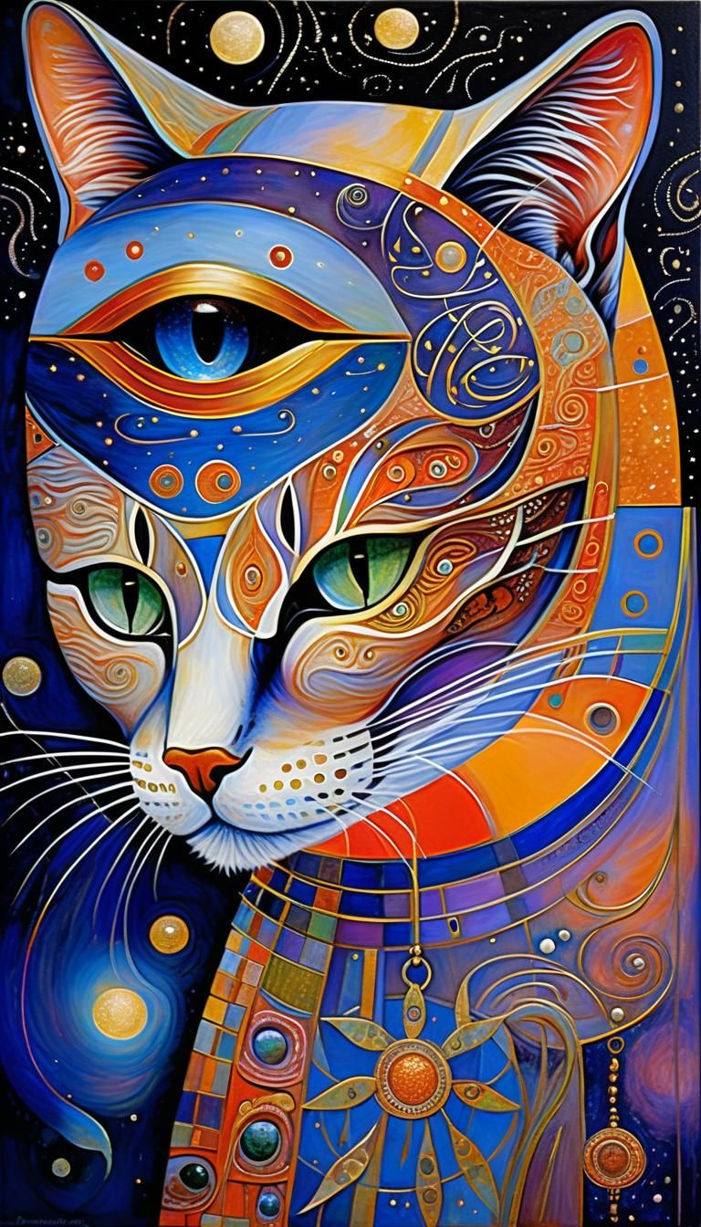 Masked Feline Gazing at Nebula, Surreal Oil Painting