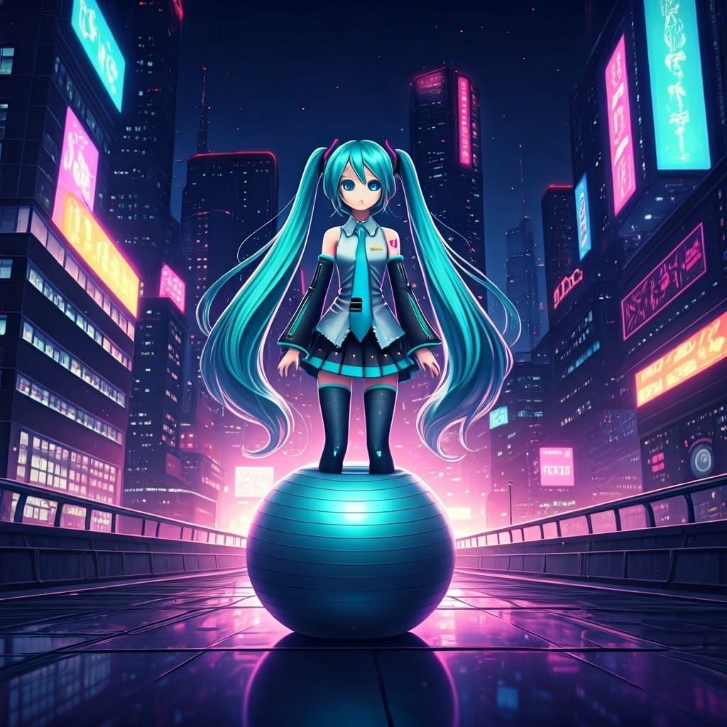Cyberpunk Goddess Bounces on Neon Exercise Ball in Futuristi...