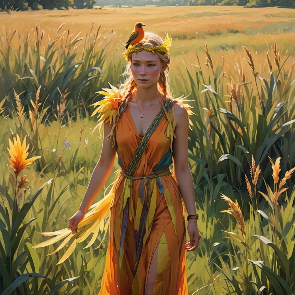 Daylight Bird in Meadow: Fantasy Art