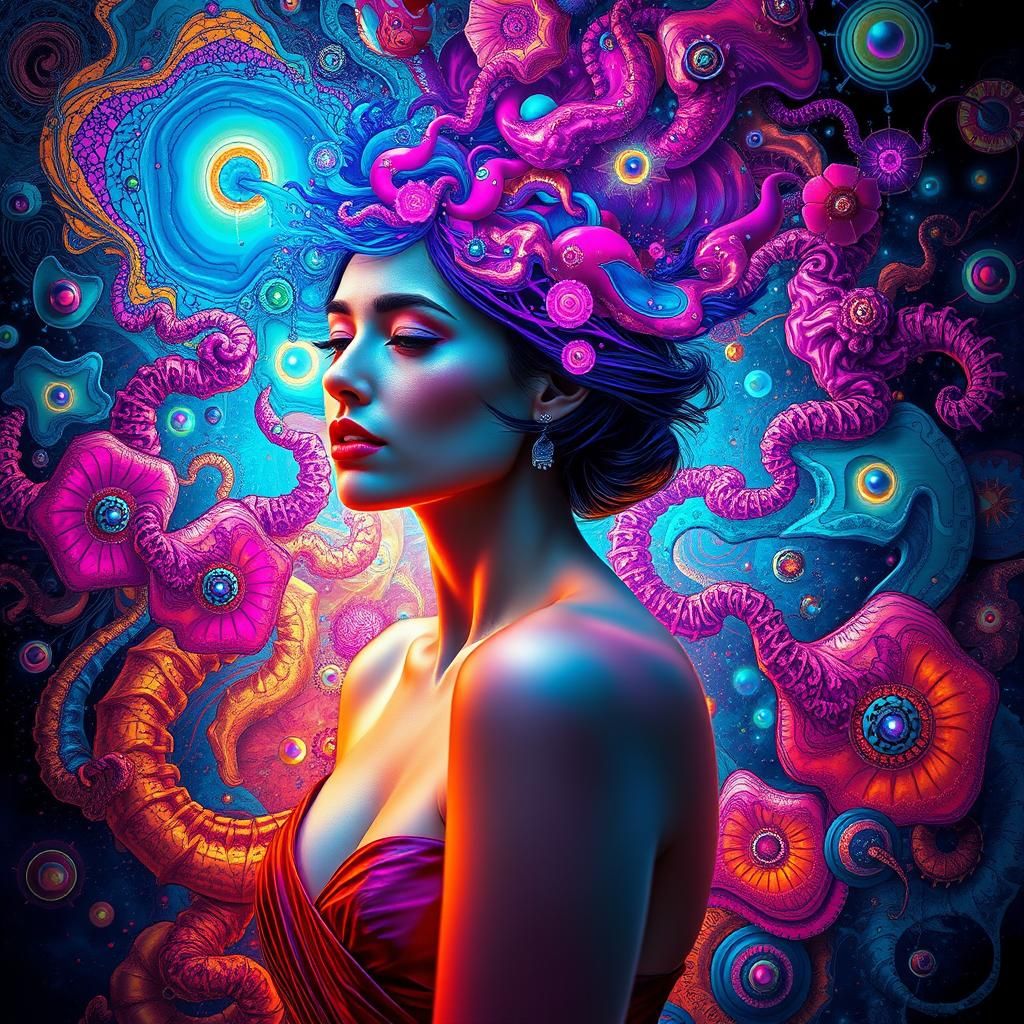 Woman in Gown Surrounded by Digital Art