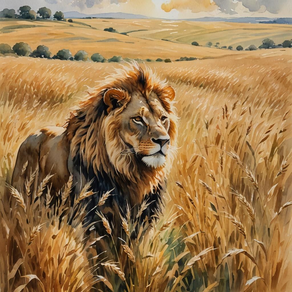 Lion Walking Through Wheat Field as Watercolor