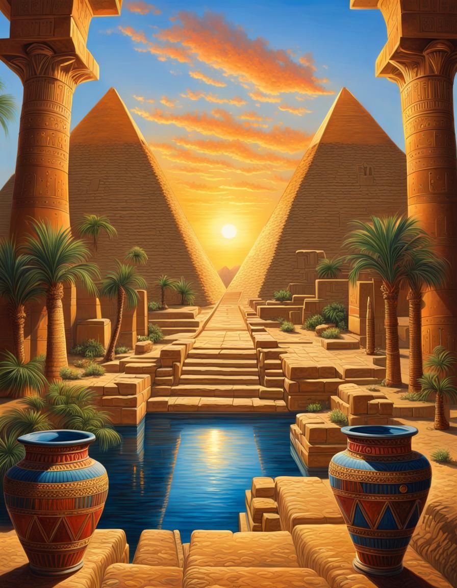Egyptian Pyramids and Ruins in Hyperrealistic Oil Painting