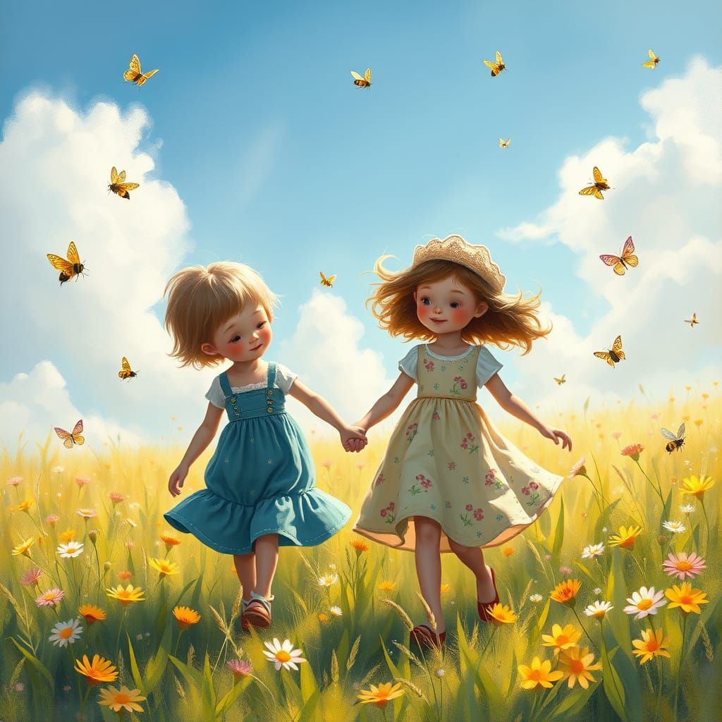 Whimsical Children's Meadow Adventure in Vibrant Colors