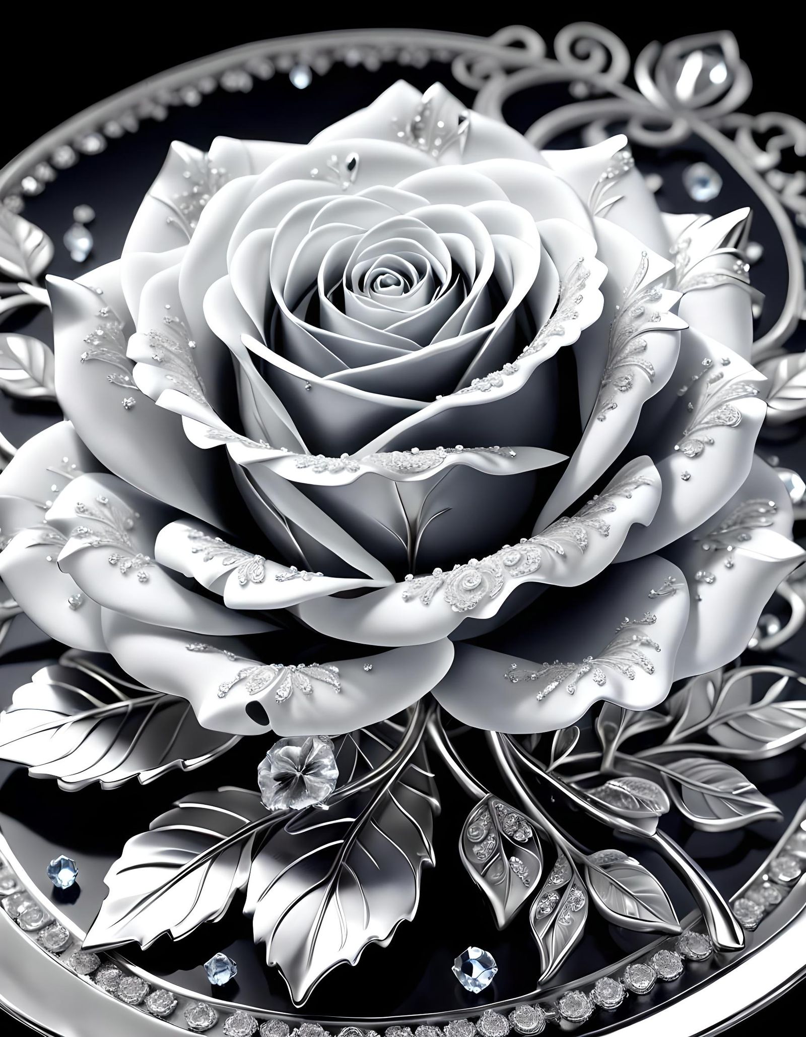 Monochrome White Rose with Silver Fractal Trim