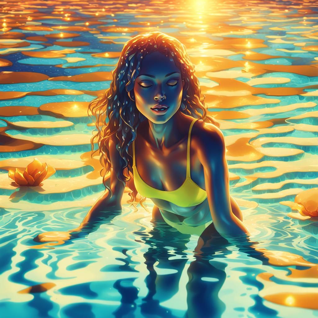 Bikini-Clad Woman Bends in Pool against Vibrant Cel-Shaded B...